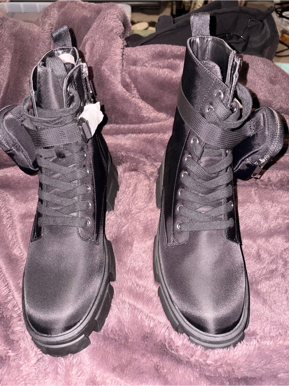 Steve Madden Black Satin Combat Boots